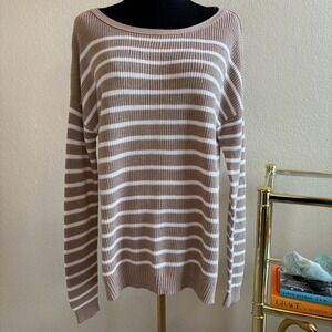 Banana Republic Camel Tan and White Stripe‎ Boatneck Cotton Sweater Size Large